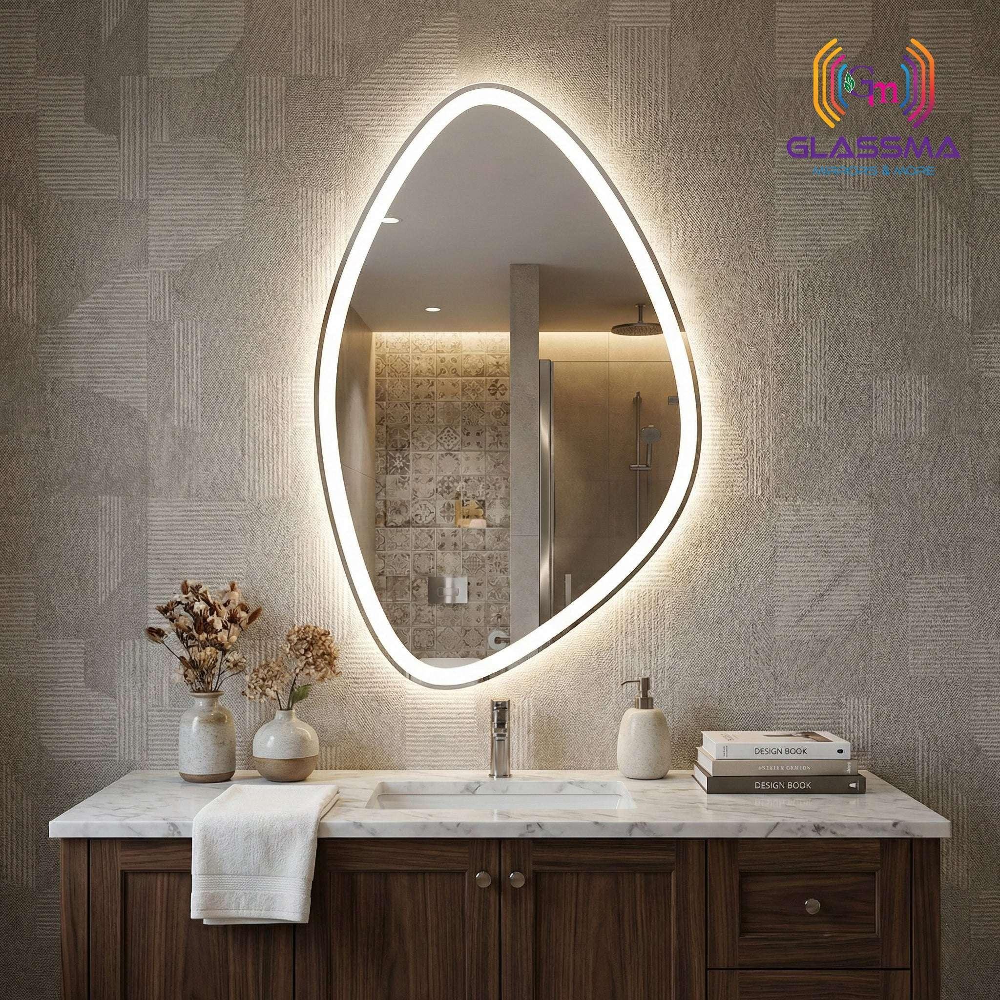Oval Teardrop LED Wall Mirror - Dimmable Vanity Mirror for Bedroom & Dressing Area - Glassma